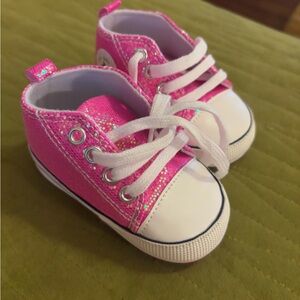 Hot Pink High Top Sneakers with White Details and Decorative Flower Design